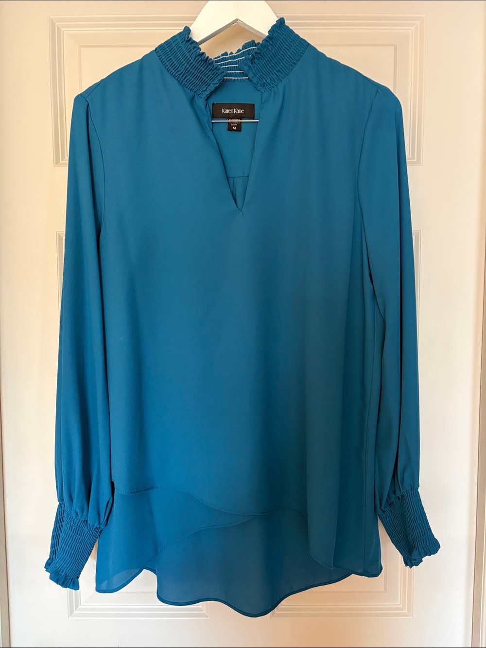Karen Kane Teal Smocked-Neck Long Sleeve Blouse